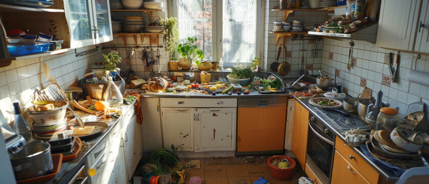 A very messy and dirty kitchen that needs cleaning An absolute untidy disaster!