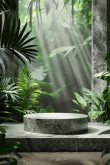 Cosmetics podium in jungle setting, stone platform, luxury minimal leaf design