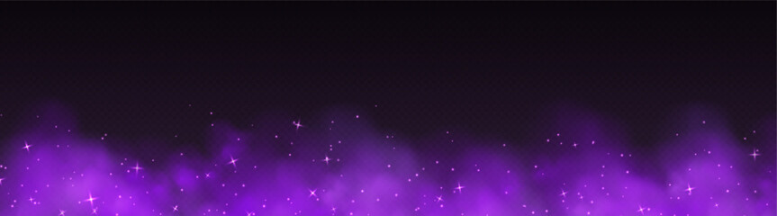 Purple magic smoke with stars and sparkles, fog with glowing particles, colorful vapor with star dust. Fantasy haze background. Vector illustration.