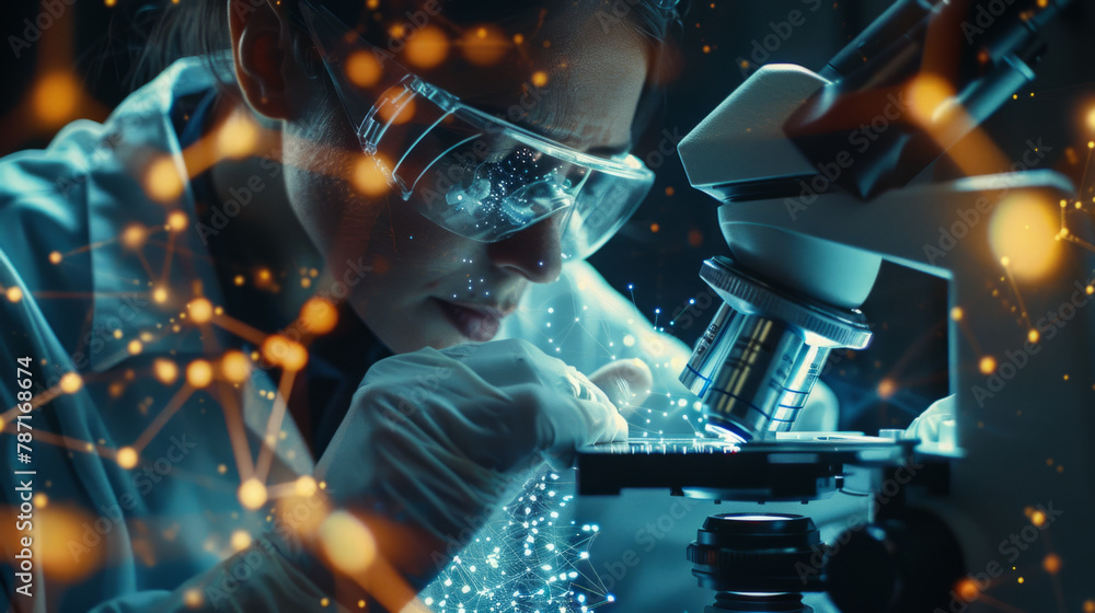 Poster exploring the intricate molecular structure of nano-constructed material through microscopy.