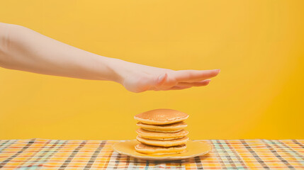 Breakfast Food pop art photography Female hand and sweet pancakes on plaid tablecloth isolated on...