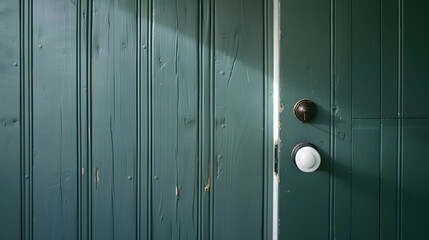 Close up the white vintage clean front door with iron knob near wood plank wall dark green color with copy space : Generative AI