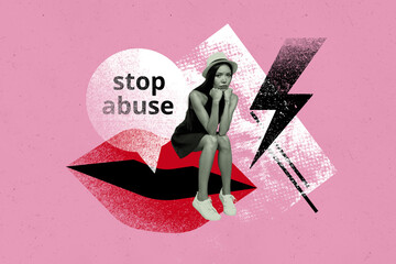 Creative artwork graphics collage painting of unhappy sad lady asking stop abuse isolated pink...