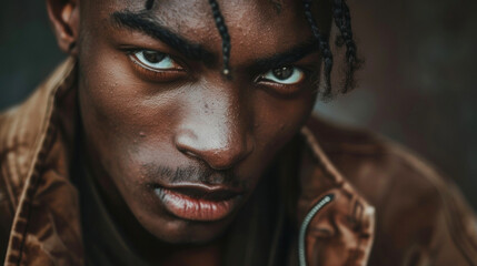 In a dynamic pose a black man stares straight into the camera with unwavering intensity. Through his piercing gaze and strong stance he embodies the resilience and defiance of black .