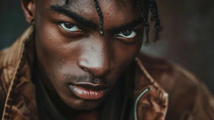Fotobehang In a dynamic pose a black man stares straight into the camera with unwavering intensity. Through his piercing gaze and strong stance he embodies the resilience and defiance of black . © Justlight