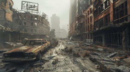 A 3D rendering of a postapocalyptic ruined city with destroyed buildings, burntout vehicles, and ruined roads, depicting a desolate and dystopian landscape. - obrazy, fototapety, plakaty