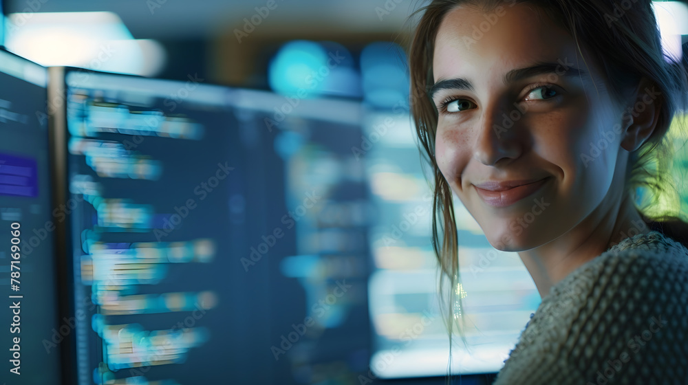 Poster Portrait of female IT developer looking at camera and smiling against programming code on computer screen in office interior copy space : Generative AI