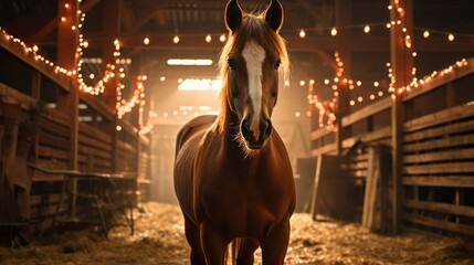 majestic horse in a well-kept barn, evoking the spirit of traditional farmsteads - obrazy, fototapety, plakaty