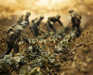 Soldiers harvesting crops in the trenches, as falling agricultural commodity prices are superimposed on the scene - obrazy, fototapety, plakaty