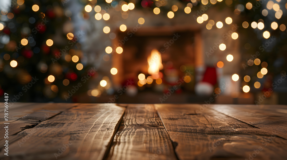 Poster Empty wooden table on Christmas background with fireplace Copy space : Generative AI