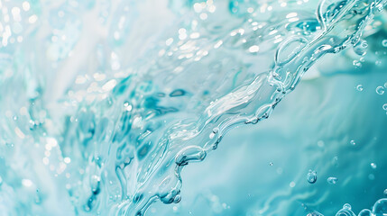 Transparent blue colored clear water surface texture with ripples splashes and bubbles Abstract nature background Water waves in sunlight with copy space Cosmetic moisturizer micellar  : Generative AI