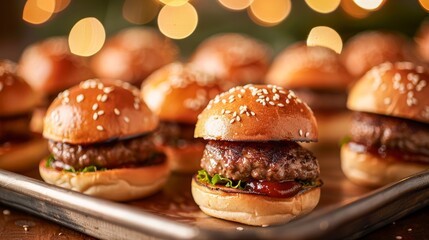 Delicious homemade mini burgers on a metal tray with bokeh lights, perfect for a celebratory gathering or party