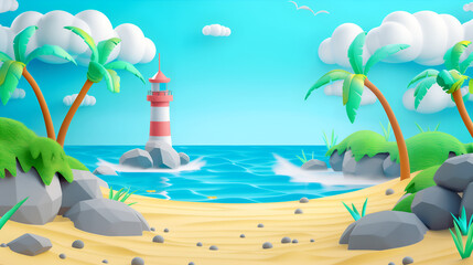 Beautiful summertime illustration with copy space with a beach and lighthouse 