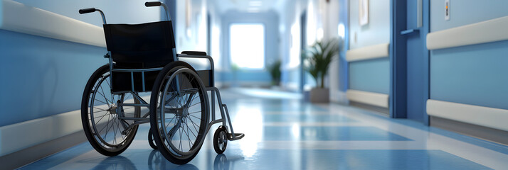 An Empty Hospital Hallway with Doors and Wheelchair in Background, Vacant Hospital Passage With Echoes of Healing