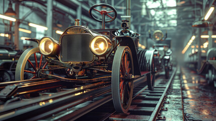 The development and impact of assembly lines in the Second Industrial Revolution, showcasing engineering innovation and efficiency.