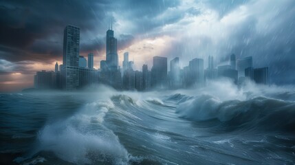 Dramatic scene of large, powerful waves crashing over a dark, ominous city skyline under a heavy rain and storm clouds