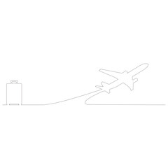 線で描かれたシンプルな飛行機とキャリーケースのアウトラインスケッチのイラスト　ベクター