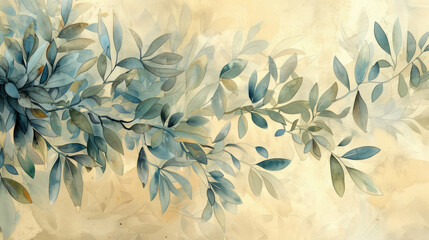Abstract watercolor painting of olive branches conveying peace and balance through delicate shapes and calming hues. - obrazy, fototapety, plakaty