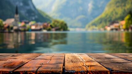 Tranquil scene with a wooden platform leading the eye towards a calm lake and lush green mountains in the background - obrazy, fototapety, plakaty