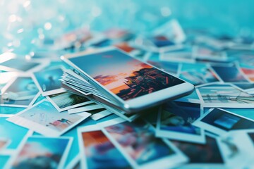 A stack of wellworn polaroid photos scattered near a smartphone screen displaying Instagram filters