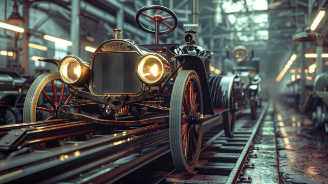 The development and impact of assembly lines in the Second Industrial Revolution, showcasing engineering innovation and efficiency.