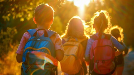 Obraz premium Three kids journey on a sunny path with radiant beams filtering through the trees, invoking a sense of adventure