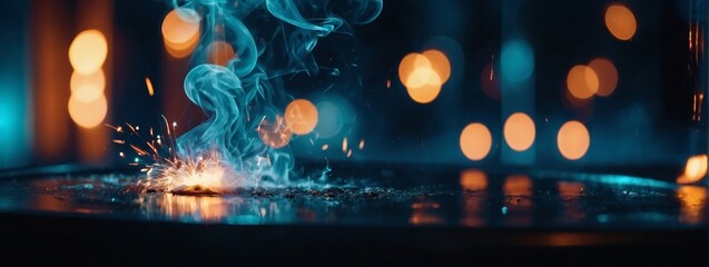 Dark abstract bokeh background, magic smoke and sparks, neon teal. - obrazy, fototapety, plakaty