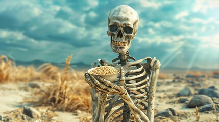 A skeletal figure clutching a handful of rice grains, standing amidst a barren landscape ravaged by war - obrazy, fototapety, plakaty