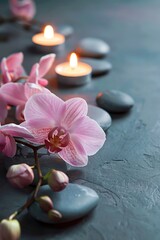 Tranquil bath atmosphere, orchid purity, spa stones, candle warmth