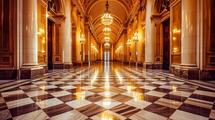 An opulent image showcasing an ornate hallway with a grand checkered floor in a sumptuous palace or grand hotel - obrazy, fototapety, plakaty