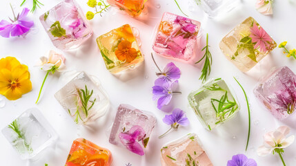 Floral Ice Blocks on White Surface