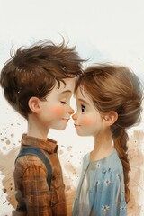 Illustration of a cartoon boy and girl looking at each other on a white background