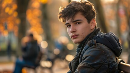 A teenage boy sitting in a park during autumn, exhibiting a thoughtful and calm demeanor - obrazy, fototapety, plakaty