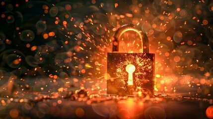 A conceptual image of a glowing padlock with sparks, symbolizing security, protection, and access against a bokeh background - obrazy, fototapety, plakaty