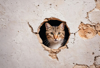 Close up view picture of the hole on the the wall that show a cute kitty stay inside the wall
