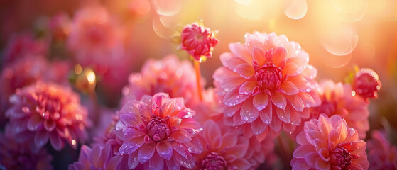 Beautiful Dahlia flowers in a rustic garden with rain drops during sunset, creating a serene and picturesque setting.