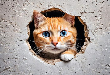 Close up view picture of the hole on the the wall that show a cute kitty stay inside the wall