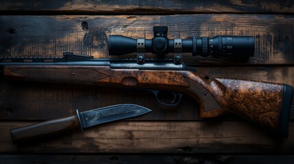 hunting rifle and hunting knife on a wooden background