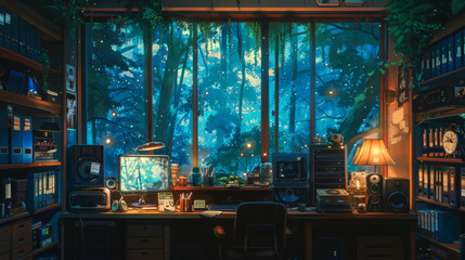 An artistic representation of a lofi, cozy and colorful study desk in an empty interior room with a messy desk
