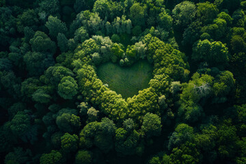 Top-down view of a forest with a love shape symbol - obrazy, fototapety, plakaty