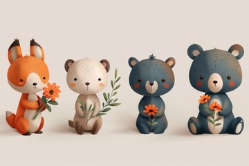 Cartoon animals holding flowers, vector style