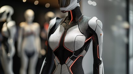 super futuristic robotic women's suit with an interesting design on a mannequin - obrazy, fototapety, plakaty