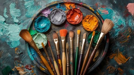 Oil paints and paint brushes on a palette