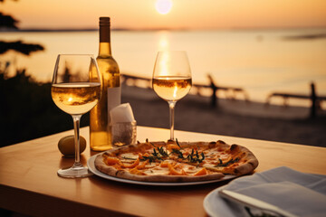 Romantic Sunset Dinner on Beach with Pizza and Wine