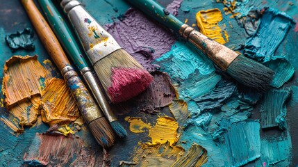 Fototapeta premium Oil paints and paint brushes on a palette