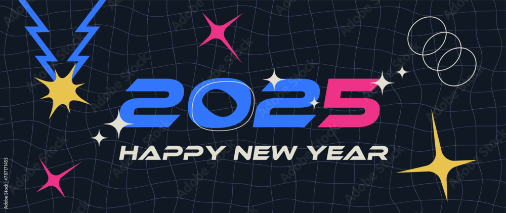 Poster new year 2024 greeting banner in y2k aesthetics with text greeting and futuristic decorations on a d