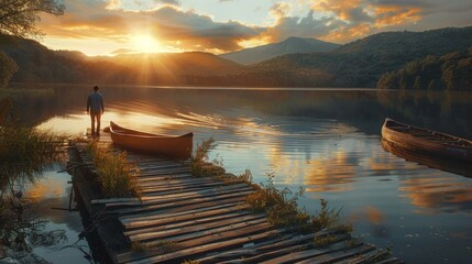 The image shows a person standing on a dock next to a lake with boats. The scene includes a beautiful landscape with water, sky, clouds, and mountains in the background. The photo captures a serene mo - Powered by Adobe