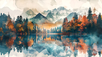 Mountains forests and a lake are shown in a watercolor, generative Ai - obrazy, fototapety, plakaty