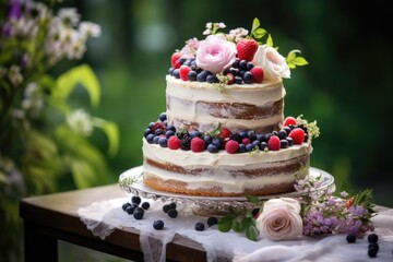 beautiful tasty wedding cake decorated with fruits in summer