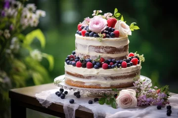 Gordijnen beautiful tasty wedding cake decorated with fruits in summer © krissikunterbunt